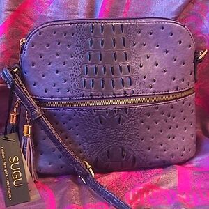 Vegan Sugu purple crocodile style crossbody purse with tassel pulls & long strap